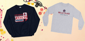 Two sweatshirts with 'Cardinal Pride' and 'Belle Place Cardinals' text on a decorative background.